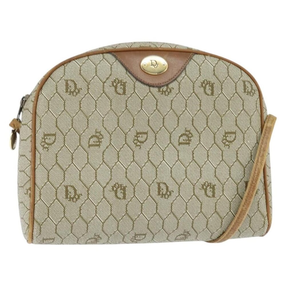 Authentic Christian Dior Honeycomb Canvas Shoulder Bag PVC Leather Beige